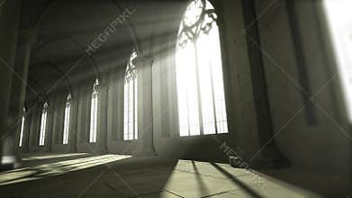medieval castle corridor at daylight. Sunlight passing through windows
