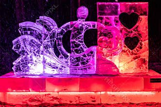 Night view of Snow World and light show along the way in Jingyuetan National Forest Park