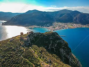 Aerial view of the old medieval castle town of Monemvasia in Lakonia of Peloponnese, Greece. Often called