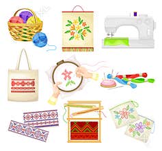 Embroidery and Cross Stitch Art Supplies with Tambour and Canvas Vector Set