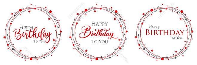 Pack trio logo Happy Birthday, orbits of circles and stars in red and gray vector