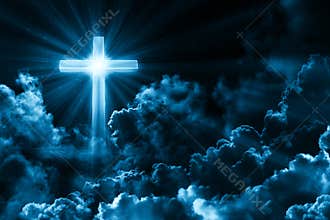 Background for card happy easter. Dark sky with cross, cloud. Concept of christian religion shining cross on the background