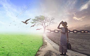 Surreal Contrast of Woman Leaving Arid Drought towards Lush Green Meadow and Freedom