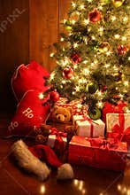 Brightly lit Christmas tree with gifts