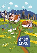 Summer nuture landscape. Colorful floral greeting card.  Cottagecore