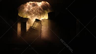 Nuclear war concept. Explosion of nuclear bomb. Creative artwork decoration in dark. Silhouette of soldier standing against giant