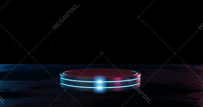 Futuristic neon light product background stage or podium pedestal on grunge street floor with glow spotlight and blank display pla