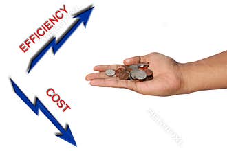 Hand holding cents with efficiency and cost arrow.