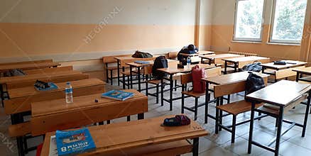 Maltepe, Istanbul, Turkey - 03.21.2021: traditional high school classroom desks in a Turkish high school in a public school