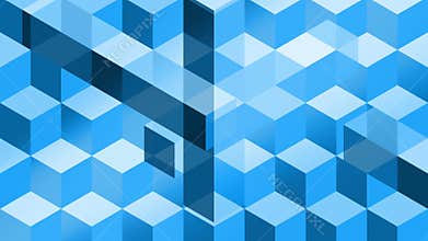 Blue cubes and bars abstract animation for background, looped seamless. Isometric geometry, soft and elegant, with transparency.