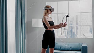 Graceful lady does side turns with VR goggles in room