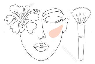 Lineart woman face with hibiscus, blush and brush