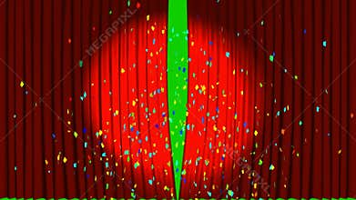 Animation of confetti falling and red curtains open in cinema with greenscreen