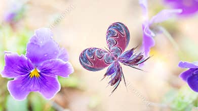 Unfocused natural background with blooming violets and a fractal butterfly