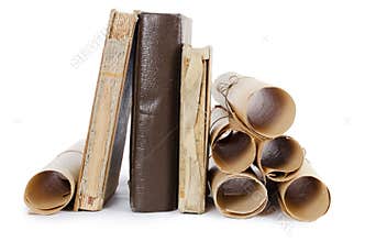 Many ancient scrolls and old books