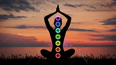 Trace of human meditating in lotus position. Colored lights with chakra names over body. Yoga, zen, Buddhism, religion