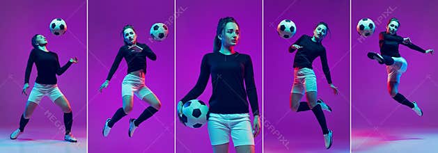 Collage, set of images of sportive girl, female soccer player practicing with football ball isolated on purple studio