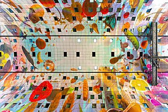 Bold vivid colorful ceiling of the market hall, Markthal
