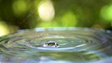 Droplet of water with ripples, in green nature