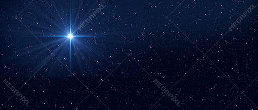 Dark blue night sky with bright star. Baner format. Christmas Star of Bethlehem Nativity, christmas of Jesus Christ