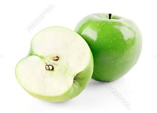 Green ripe apple and half