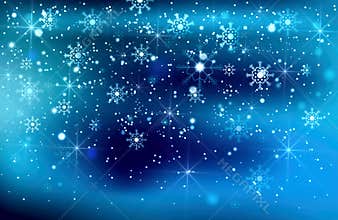 Beautiful Blue Christmas Background With Snow, Snowflakes And Bokeh Effect With Lights.