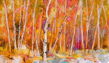 Oil painting colorful autumn trees. Semi abstract image of forest, aspen trees with yellow - red leaf.