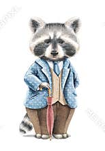 Watercolor vintage cartoon raccoon in costume with umbrella cane