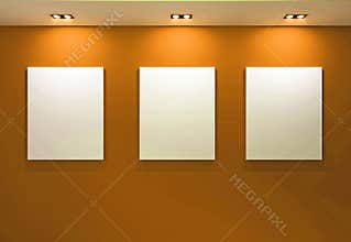 Gallery Interior with empty frames on orange wall