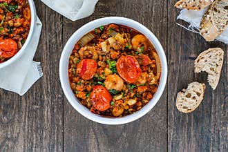 Chorizo, lentil and prawn stew