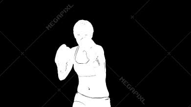 Portrait of white outline sketch of woman in boxing gloves is training isolated on black background.