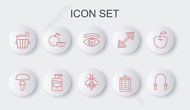 Set line Jump rope, Mushroom, Hypnosis, Clipboard with checklist, Sauna bucket and ladle, Citrus fruit, Bottle of liquid