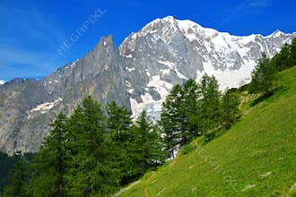 View on Mont Blanc  Monte Bianco  mountain range in sunny day.