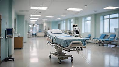 Empty hospital bed standing in hospital hallway