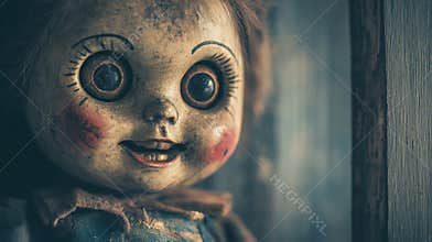 Vintage, creepy, antique doll close-up, representing eerie, nostalgic, and unsettling, worn, childhood concept