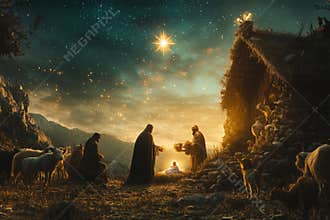 peaceful nativity scene depicting the birth of Jesus under a starry sky