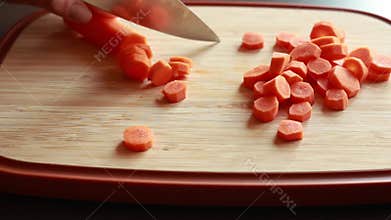 Woman Hands Slicing Carrots on Cutting Board CloseUp