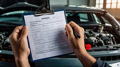 Auto mechanic holding clipboard performing final car checkup inspection