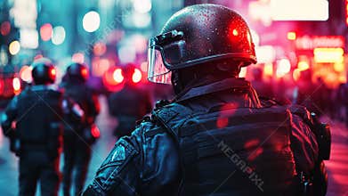 Policeman watching crowd protesting on street at night
