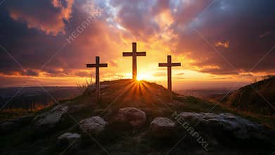 A cinematic 4K video animation of Golgotha hill, featuring three wooden crosses on a rugged stone hill under a moving