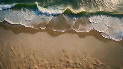 Aerial View of Ocean Waves Crashing on Sandy Shore