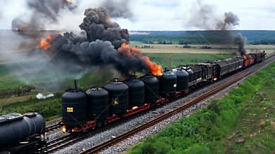 Burning train. Oil or toxic chemicals leak and ignite. Acrid smoke is released into the atmosphere.