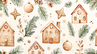 Watercolor Christmas pattern featuring gingerbread houses, pine branches, ornaments, and festive elements on a light background.t