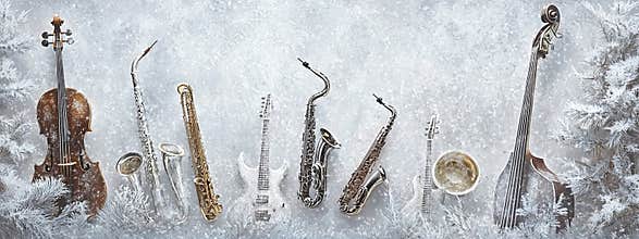 Vintage Musical Instruments in Frosty Frame on Light Gray Background