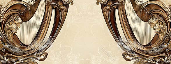 Elegant Art Deco harp border on frosty beige background