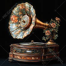 Antique gramophone with floral horn and wood accents