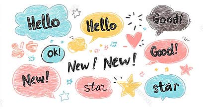 A set of balloon text frames with simple hand-drawn pen line speech bubbles, clouds, and balloon borders for text