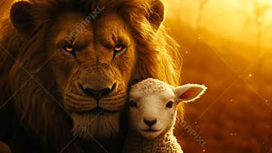In the African savanna, a Lamb and a majestic Lion stand on yellow grass. This symbolizes a Christian concept.