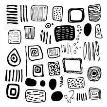 A set of hand-drawn paper stickers, photo frames, and picture borders in a modern illustration style, featuring doodle