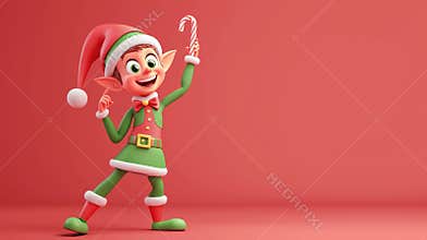 Happy christmas elf wearing a green and red costume, holding a candy cane and pointing up with his finger on a red